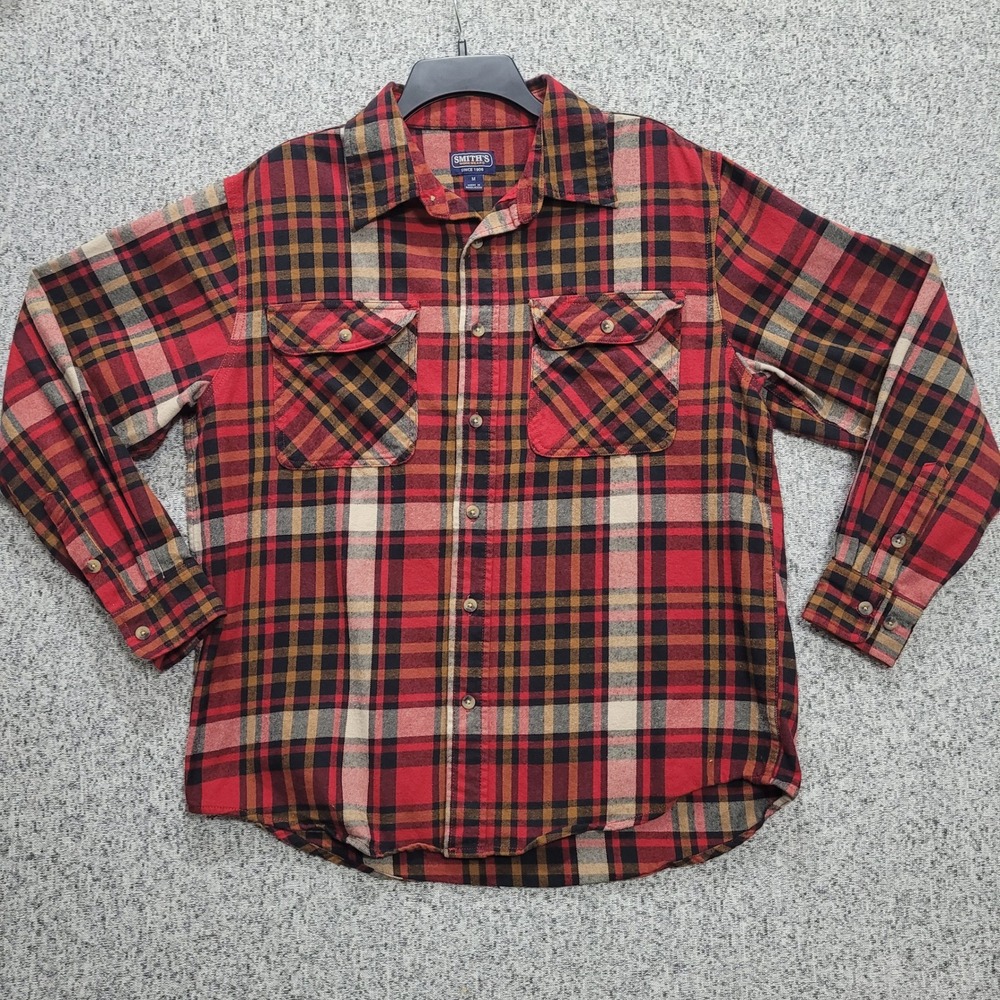 Smiths Workwear Mens Medium Red Plaid Flannel Long Sleeve Button Down Shirt